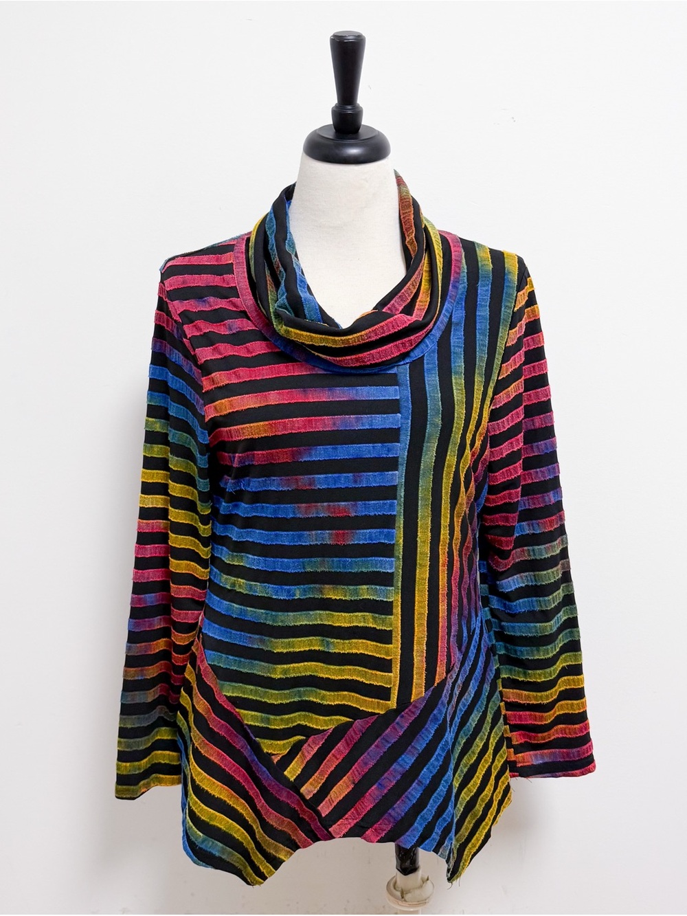 Feratelli Ombre Rainbow Stripe Cowl Neck Asymmetrical Hem Wearable Art Tunic L